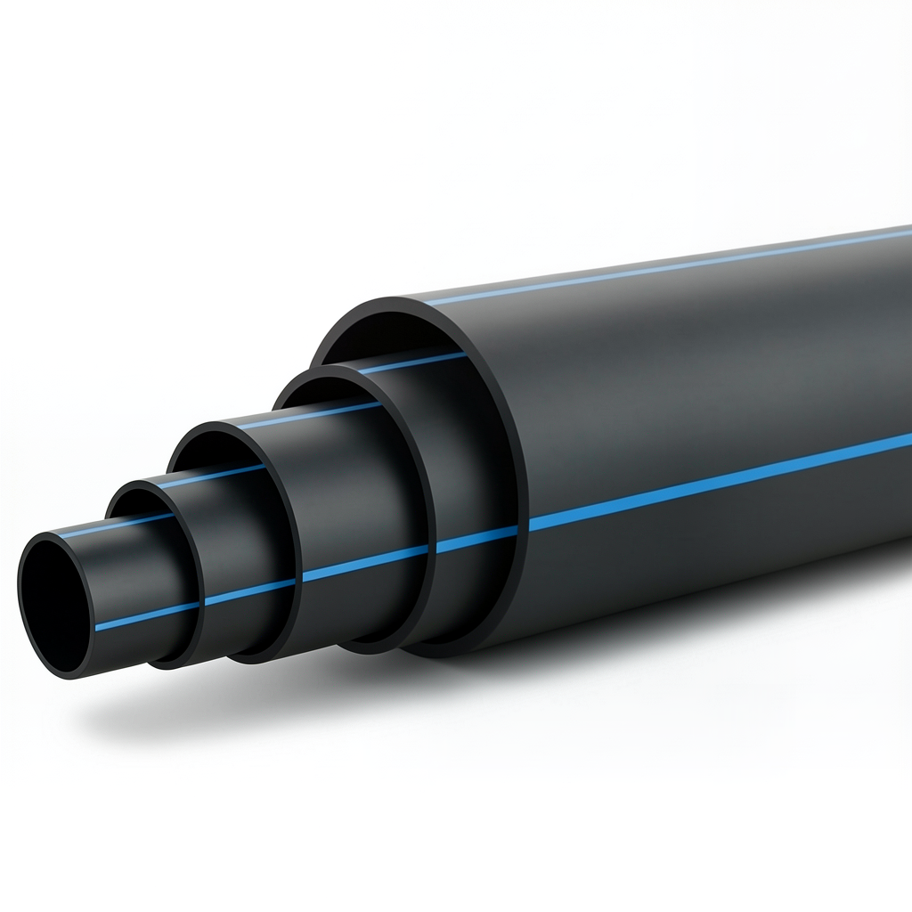 HDPE Pipe Pressure 20 Bar PE 100 Size OD 200 mm SDR 9 Black with Blue Stripes