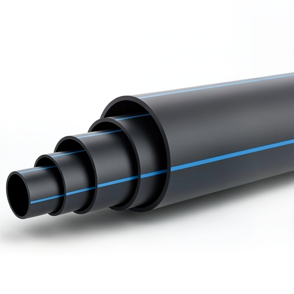 HDPE Polyethylene Pipe PN 20 Bar PE 100 250 mm SDR 9 Black with Blue Stripes