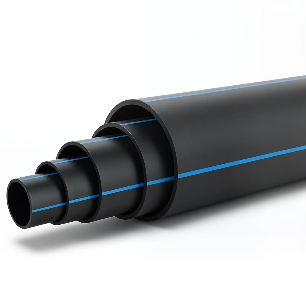 HDPE Plastic Pipe 20 Bar Pressure PE 100 Outer Diameter 280 mm SDR 9 Black with Blue Stripes