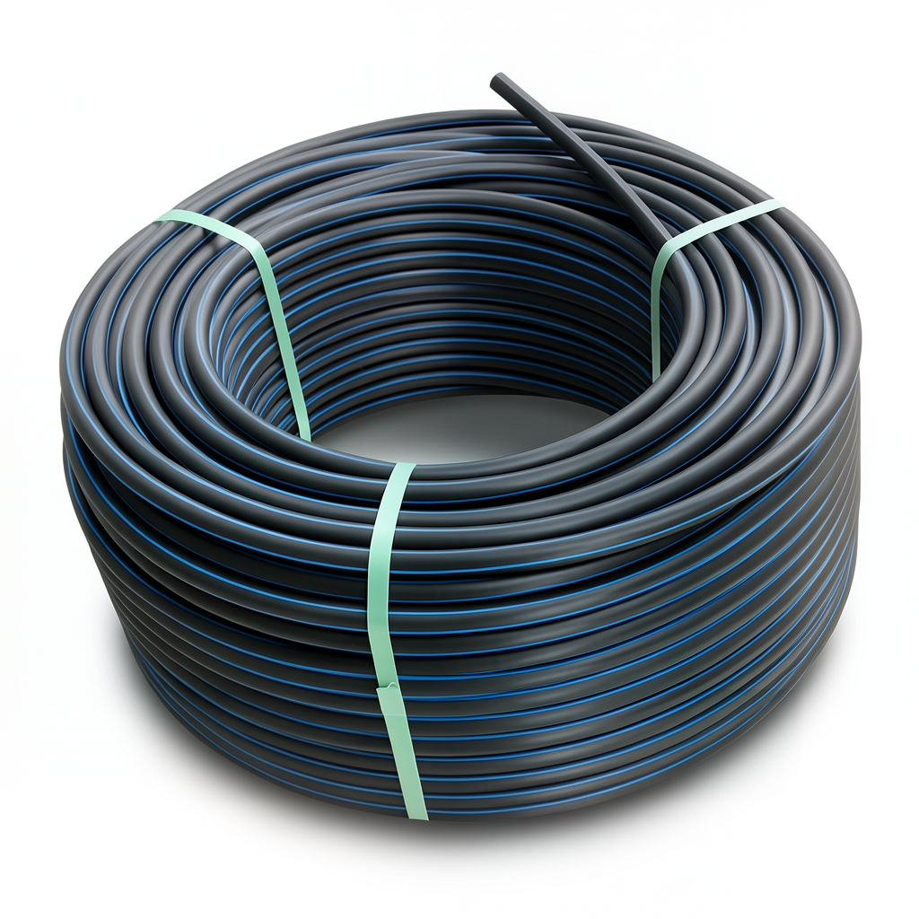 لفة أنابيب HDPE ضغط 12.5 بار PE 100 قطر خارجي 32 مم SDR 13.6 لون أسود مع خط أزرق