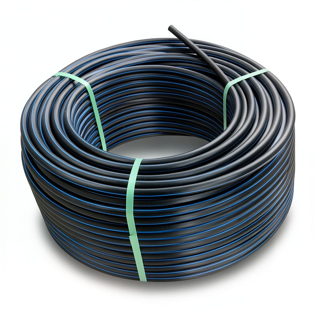 HDPE Plastic Coil Pipe PN 12.5 Bar PE 100 32 mm SDR 13.6 Black with Blue Stripes
