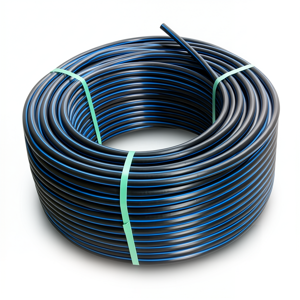 HDPE Plastic Coil Pipe PN 12.5 Bar PE 100 40 mm SDR 13.6 Black Blue Stripes