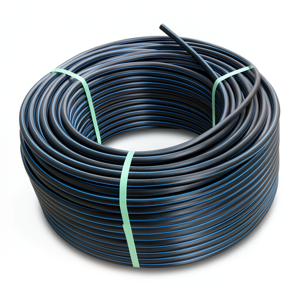 HDPE Plastic Coil Pipe PN 12.5 Bar PE 100 OD 50 mm SDR 13.6 Black with Blue Stripes