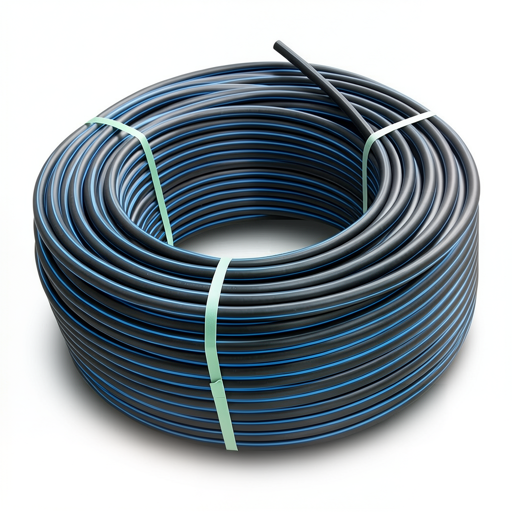 HDPE Plastic Coil Pipe PN 12.5 Bar PE 100 OD 50 mm SDR 13.6 Black with Blue Stripes