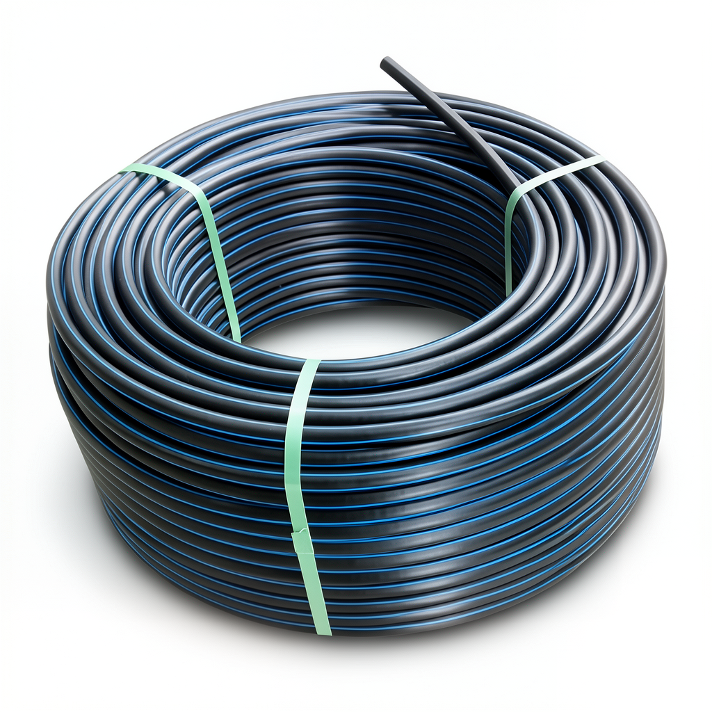 HDPE Plastic Coil Pipe PN 12.5 Bar PE 100 OD 75 mm SDR 13.6 Black with Blue Stripes
