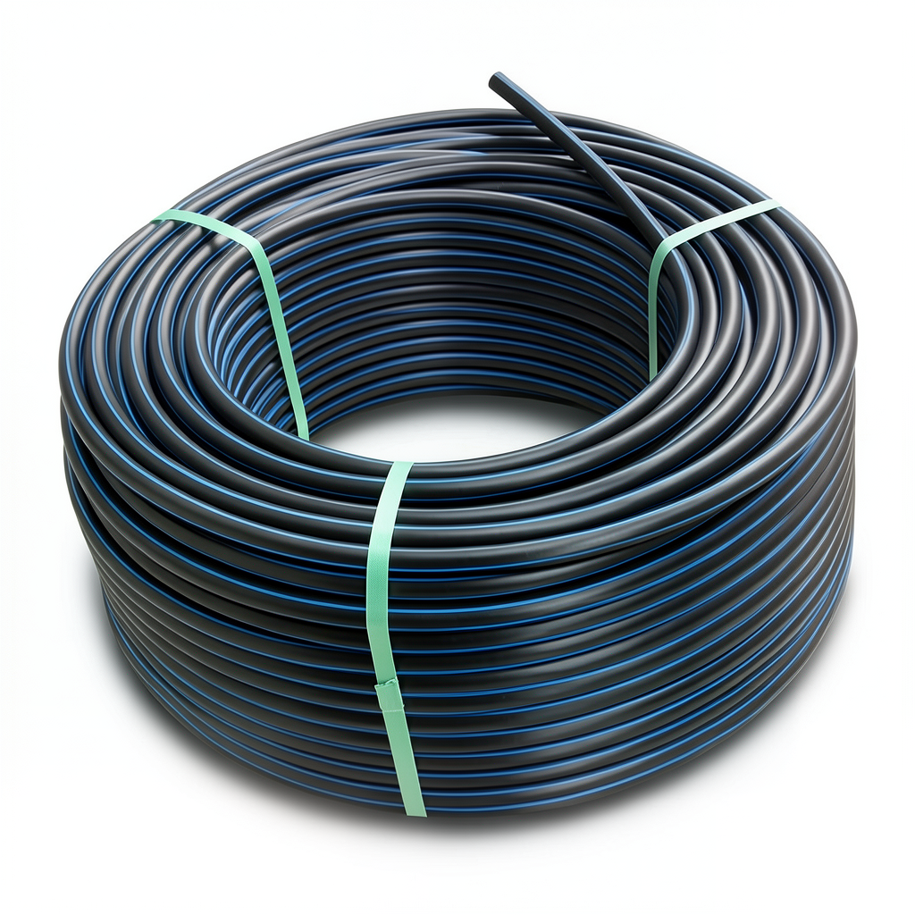 HDPE Plastic Coil Pipe Nominal Pressure 12.5 Bar PE 100 OD 90 mm SDR 13.6 Black with Blue Stripes