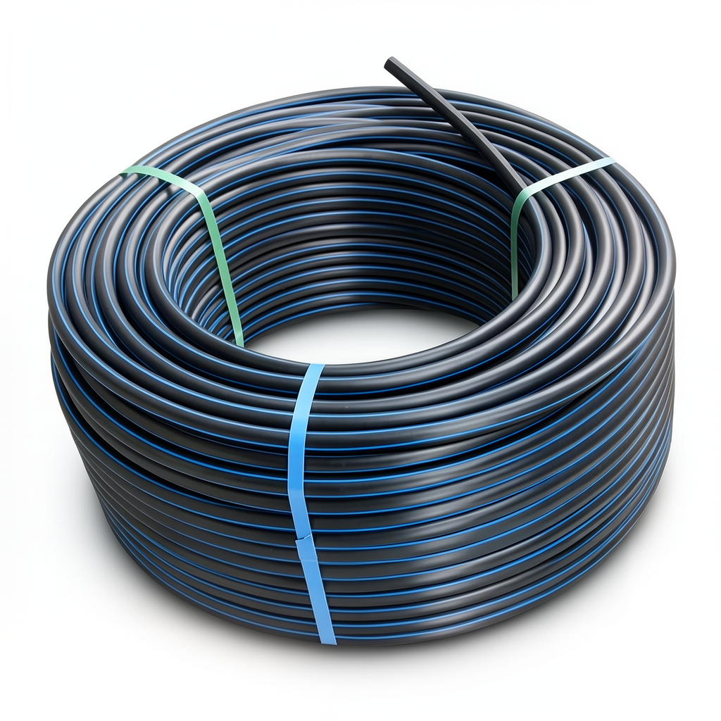 HDPE Plastic Coil Pipe PN 12.5 Bar PE 100 OD 110 mm SDR 13.6 Black with Blue Stripes