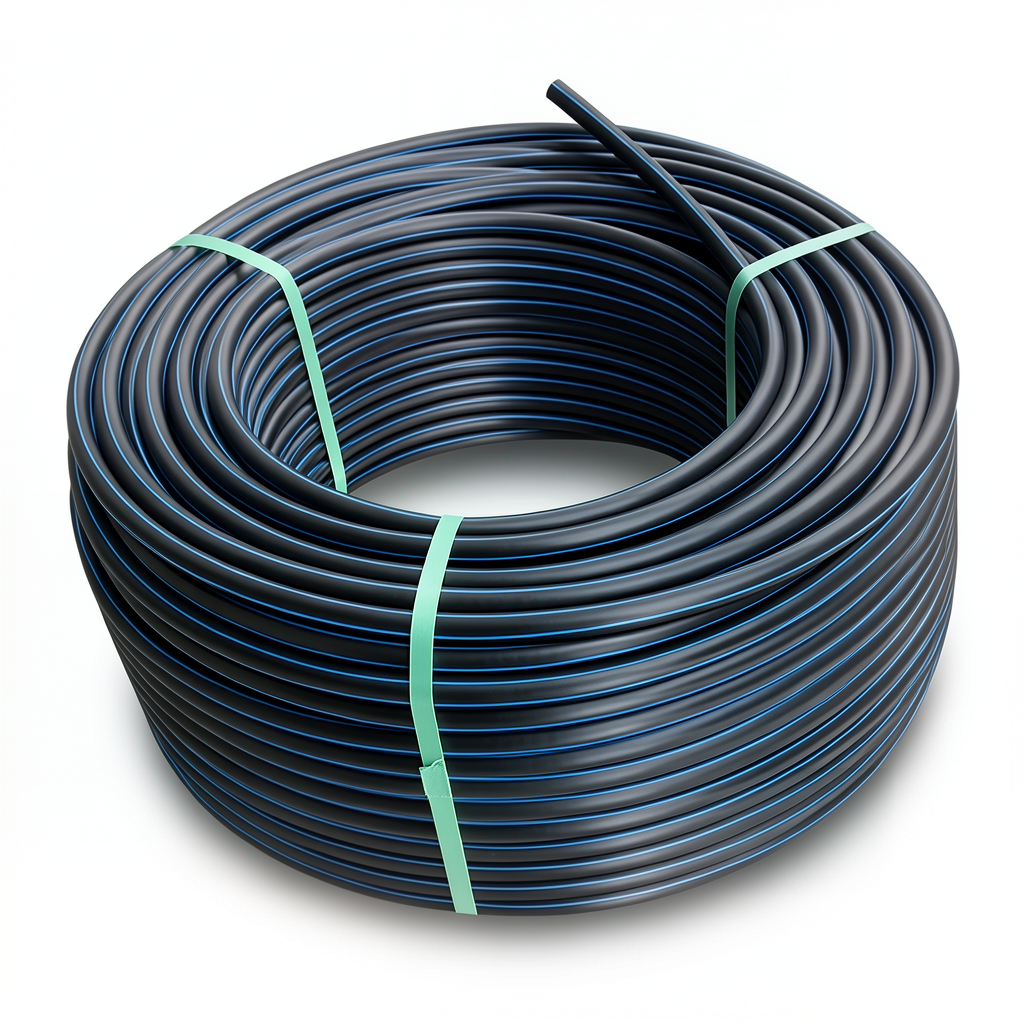 لفة أنابيب HDPE ضغط 16 بار PE 80، قطر خارجي 25 مم SDR 9 أسود مع خط أزرق