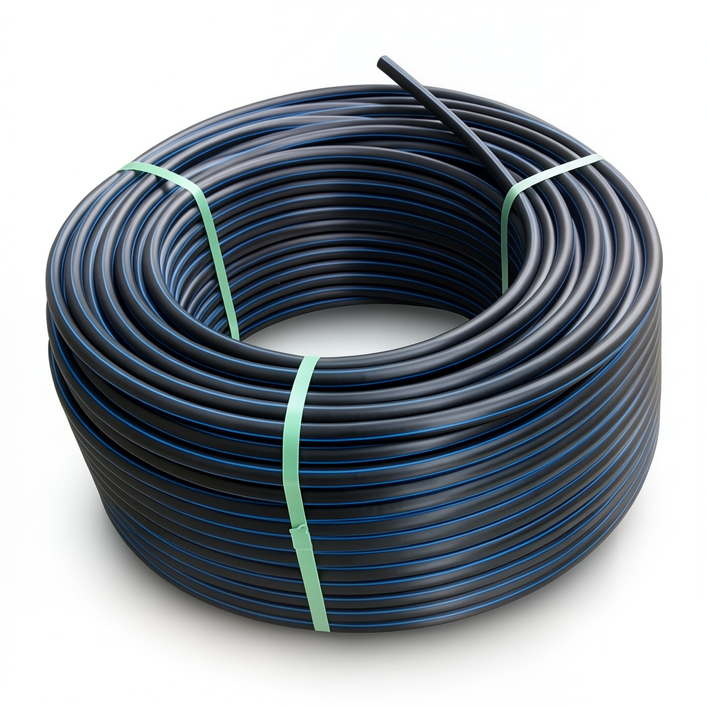 لفة أنابيب بلاستيك HDPE ضغط 16 بار PE 80، قطر خارجي 32 مم SDR 9 أسود مع خطوط زرقاء