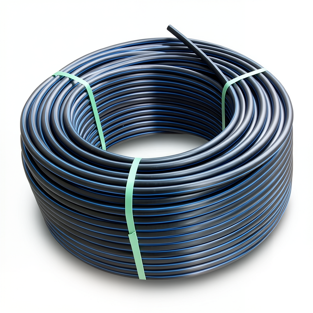 لفة أنابيب HDPE ضغط 16 بار PE 80، قطر خارجي 50 مم SDR 9 أسود مع خطوط زرقاء
