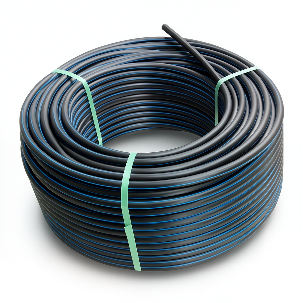 لفة أنابيب HDPE ضغط 16 بار PE 80 قطر خارجي 63 مم SDR 9 أسود مع خط أزرق