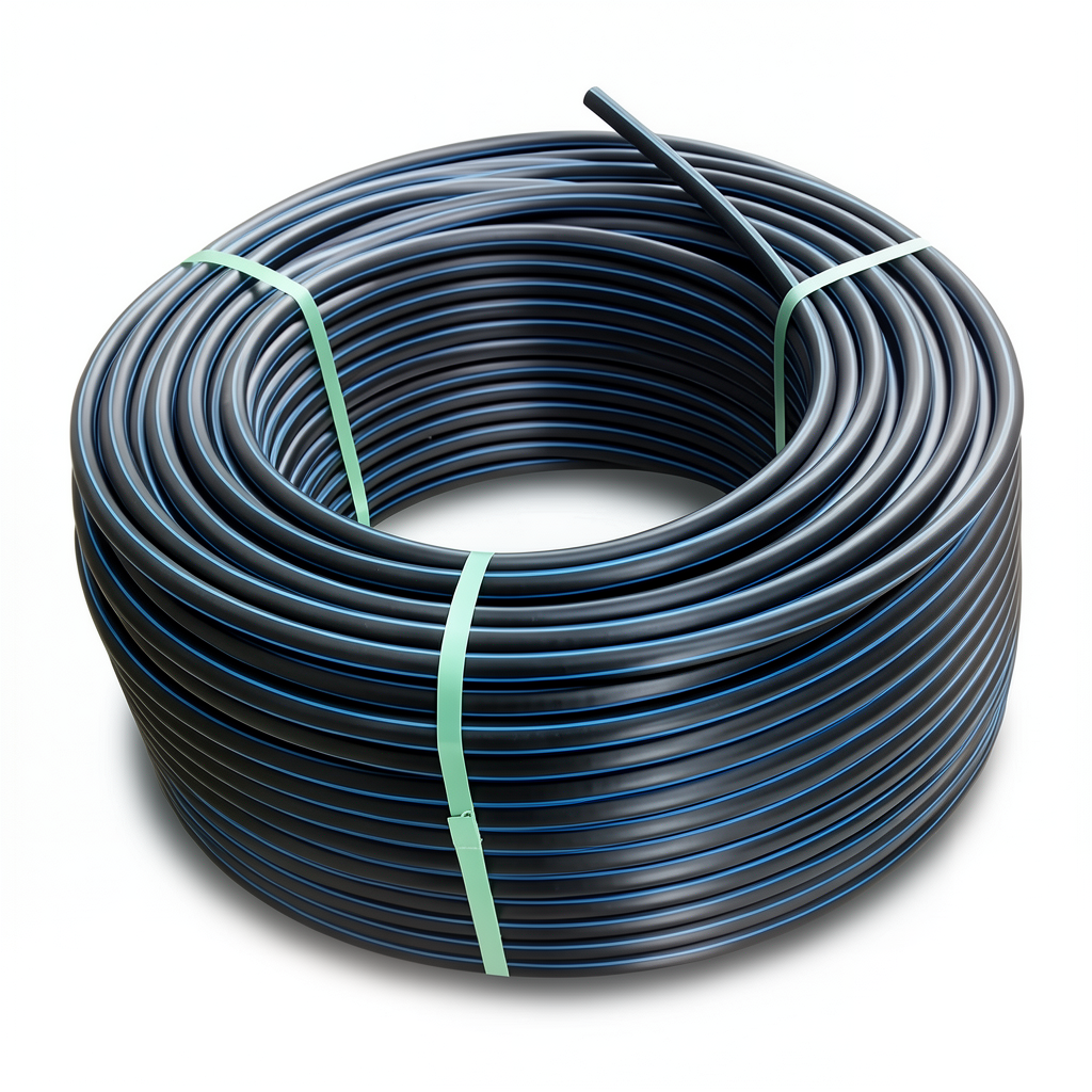 HDPE Plastic Coil Pipe Nominal Pressure 16 Bar PE80 OD 90 mm SDR 9 Black with Blue Stripes