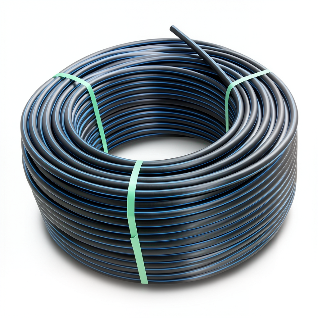 HDPE Plastic Coil Pipe PN 12.5 Bar PE 100 OD 75 mm SDR 13.6 Black with Blue Stripes