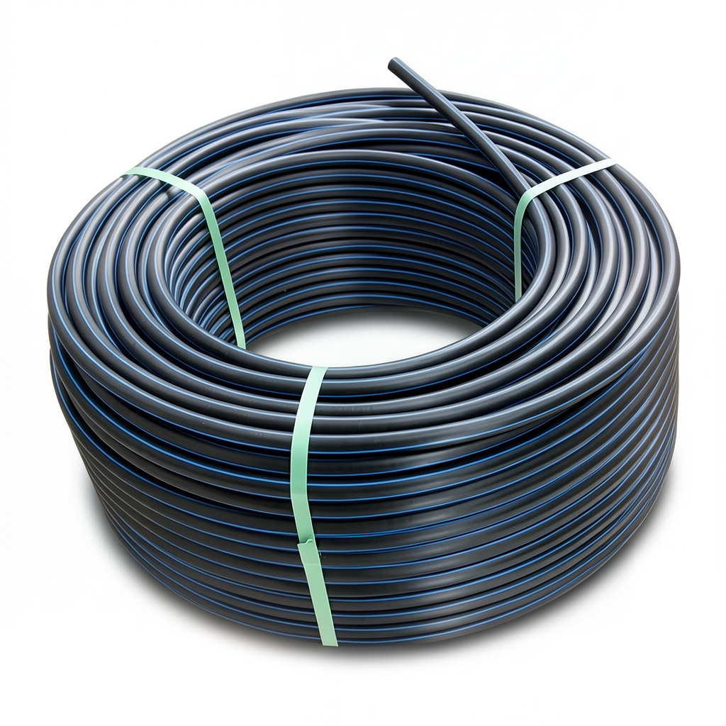 HDPE Plastic Coil Pipe PN 12.5 Bar PE 100 OD 140 mm SDR 13.6 Black Blue Stripes