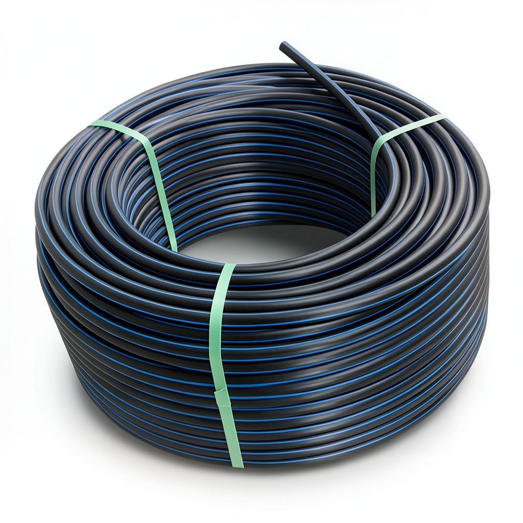 لفة أنابيب HDPE ضغط 12.5 بار [PE 100] قطر خارجي 140 مم SDR 13.6 لون أسود مع خط أزرق