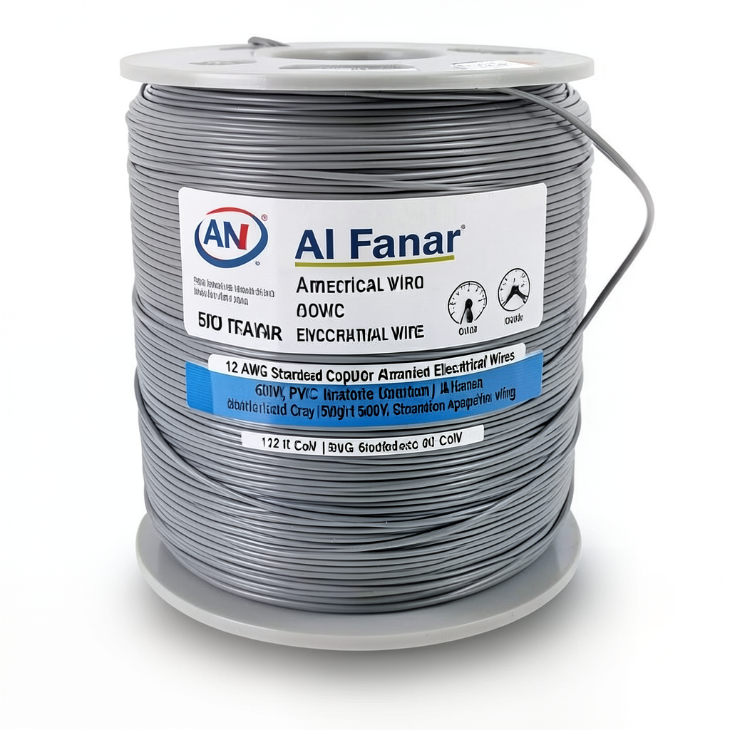 لفة سلك كهرباء امريكي 12 AWG نحاس مجدول عزل PVC رمادي، 600 فولت، 500 قدم | شركة الفنار