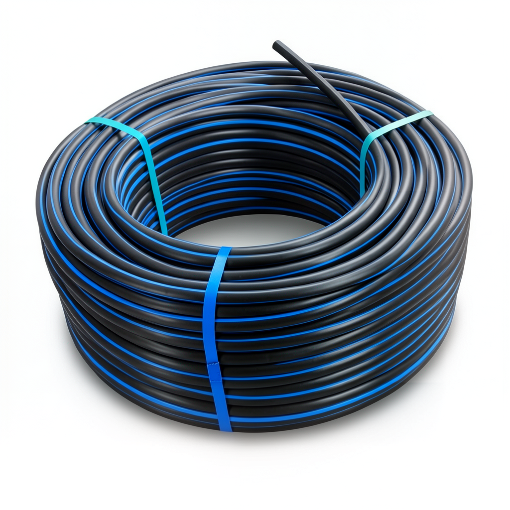 لفة أنابيب HDPE ضغط 4 بار PE 100 قطر خارجي 63 مم SDR 41 أسود مع خط أزرق