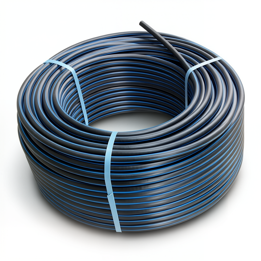 HDPE Polyethylene Coil Pipe Nominal Pressure 4 Bar PE 100 OD 75 mm SDR 41 Black with Blue Stripes