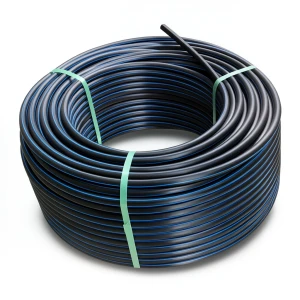 HDPE Plastic Coil Pipe PN 4 Bar PE 100, 90 mm Diameter SDR 41 Black with Blue Stripes