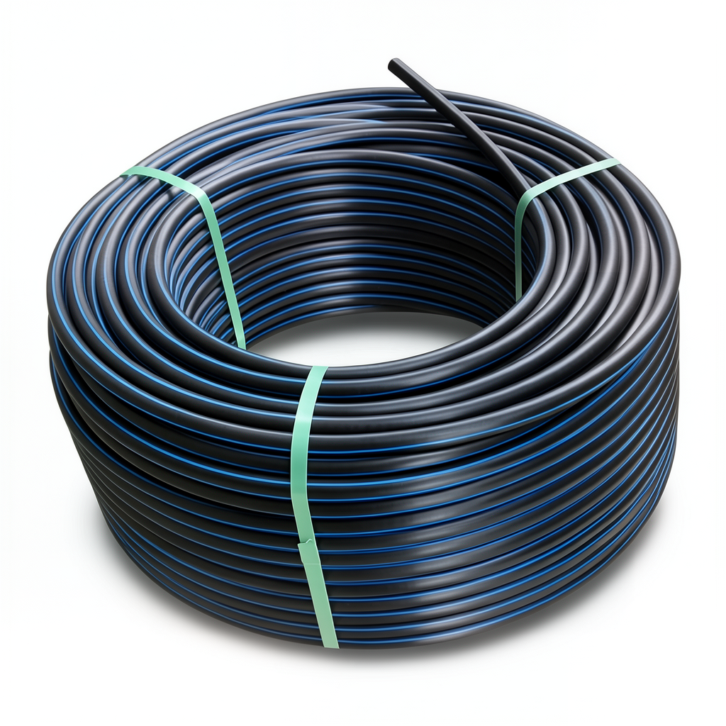 HDPE Plastic Coil Pipe PN 4 Bar PE 100, 90 mm Diameter SDR 41 Black with Blue Stripes