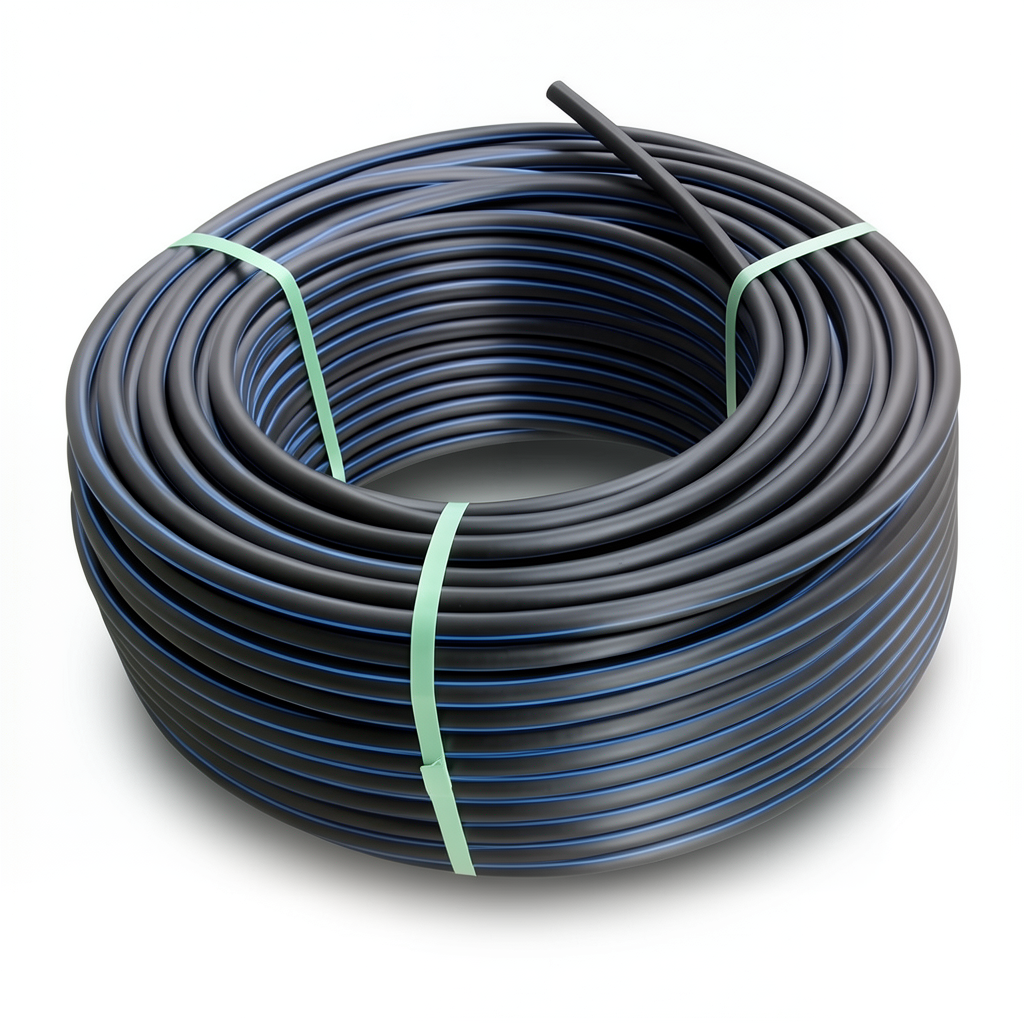 HDPE Polyethylene Plastic Coil Pipe 4 Bar Pressure PE 100, 110 mm Outer Diameter SDR 41 Black with Blue Stripes