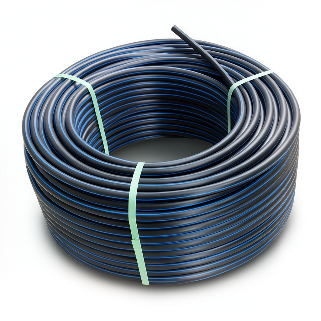 لفة أنابيب بلاستيك HDPE ضغط 4 بار PE 100، قطر خارجي 90 مم SDR 41 أسود مع خط أزرق