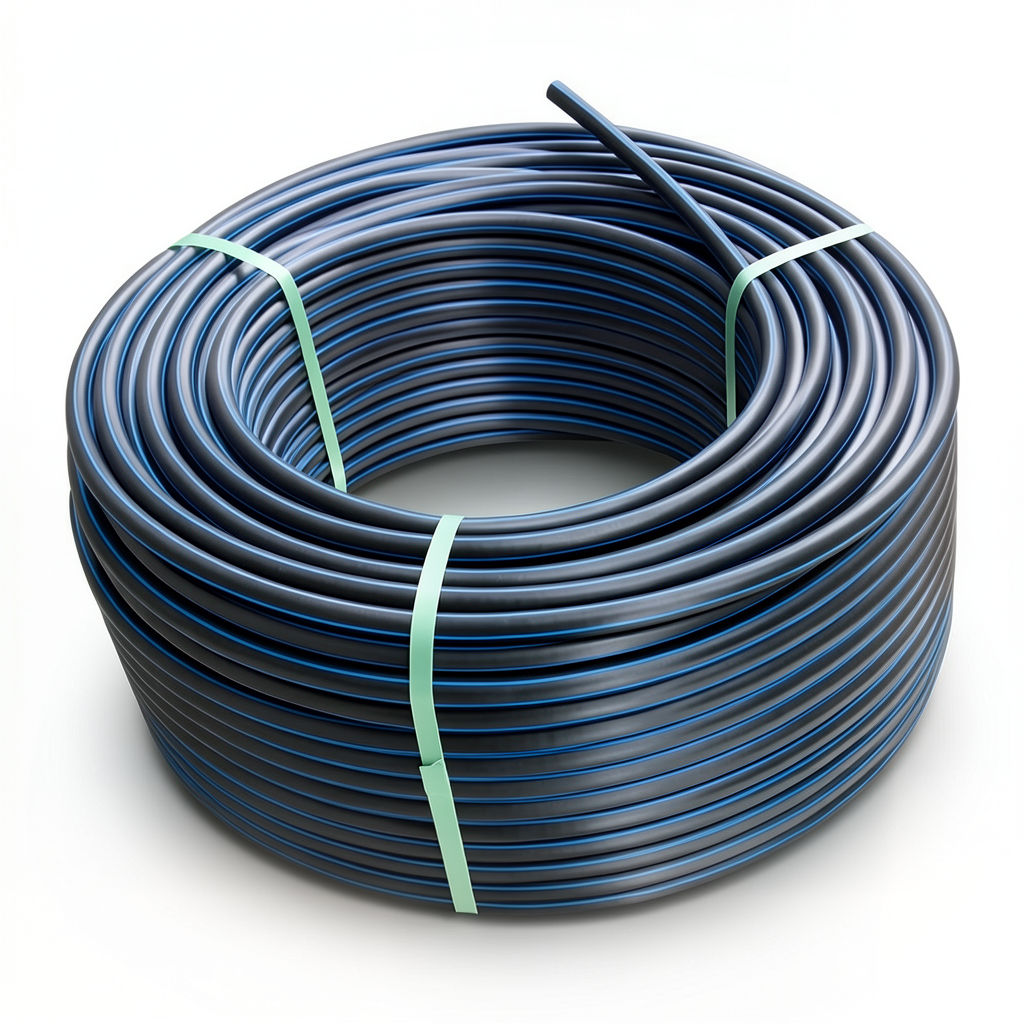 لفة أنابيب HDPE ضغط 4 بار PE 100 قطر خارجي 125 مم SDR 41 أسود مع خط أزرق