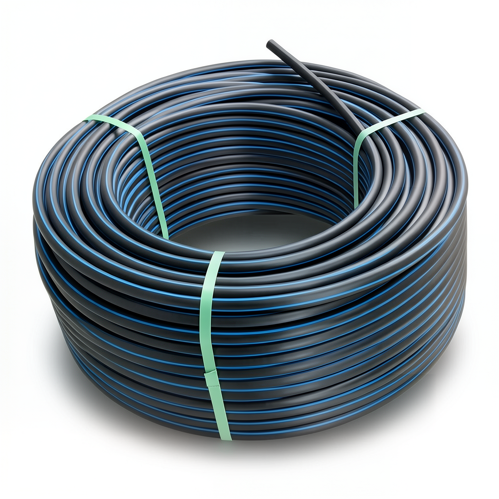 لفة أنابيب بلاستيك HDPE ضغط اسمي 4 بار PE 100 قطر خارجي 160 مم SDR 41 أسود مع خط أزرق