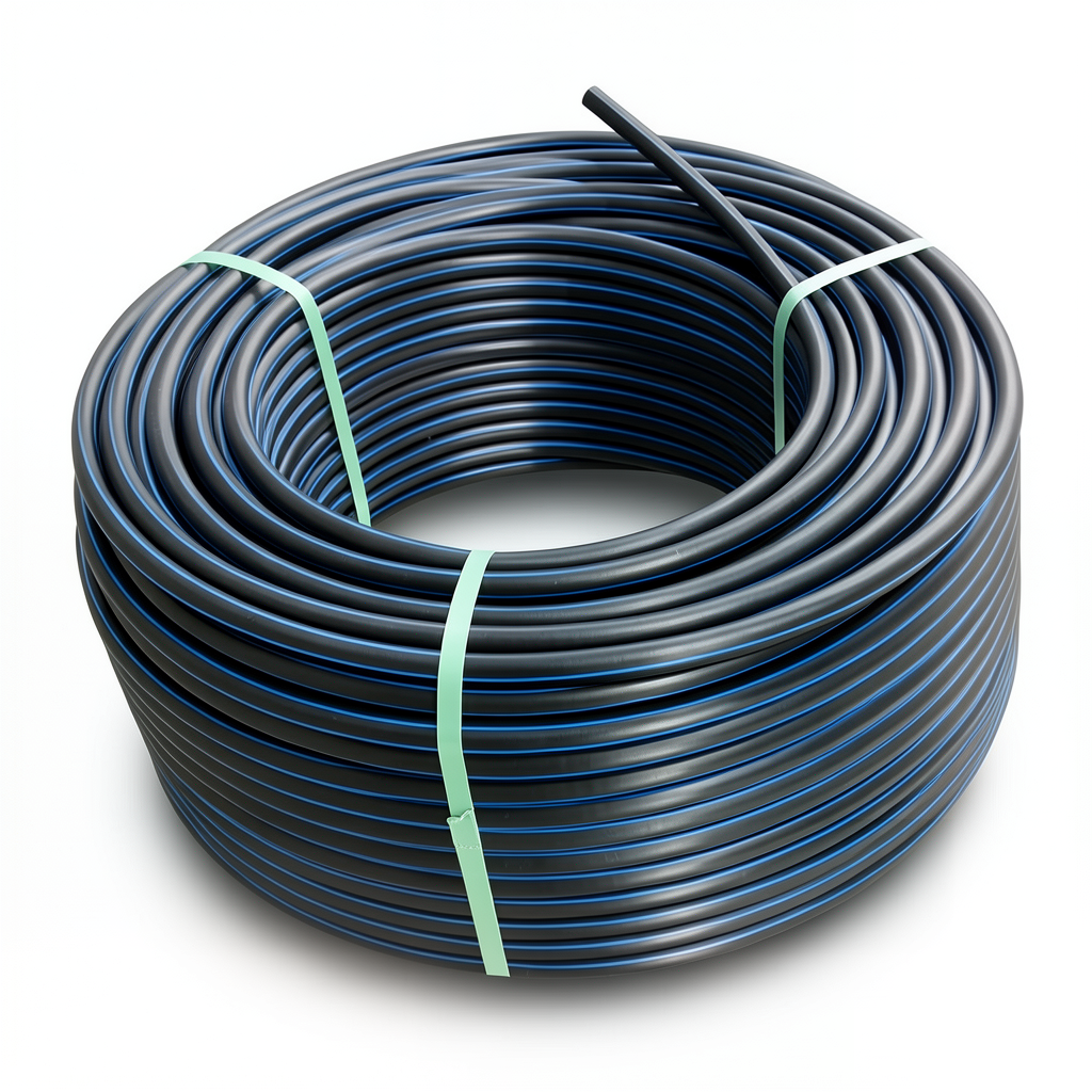لفة أنابيب بلاستيك HDPE ضغط 6.3 بار PE 100 قطر خارجي 75 مم SDR 26 لون أسود مع خط أزرق