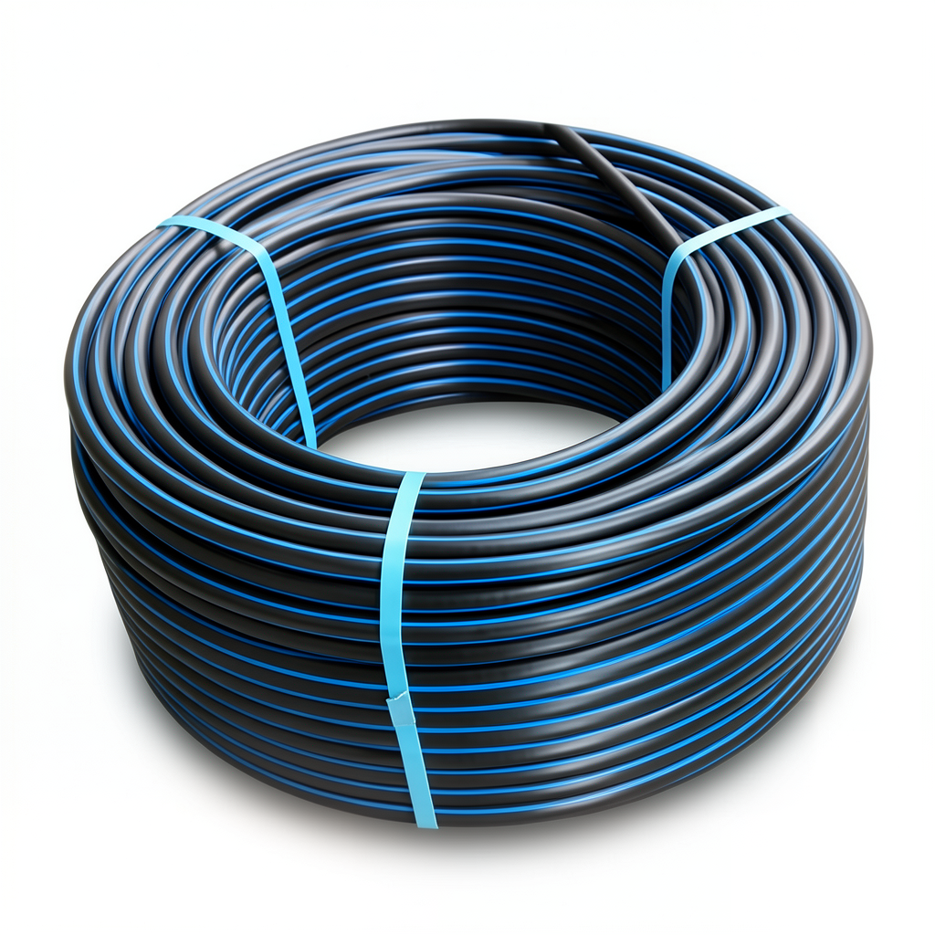 HDPE Polyethylene Plastic Coil Pipe Pressure 6.3 Bar PE 100 Size 90 mm SDR 26 Black Blue Stripes