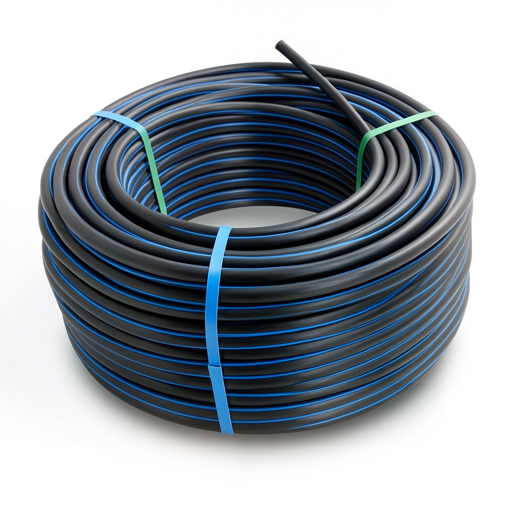 لفة أنابيب HDPE ضغط 6.3 بار PE 100 قطر خارجي 110 مم SDR 26 أسود مع خط أزرق