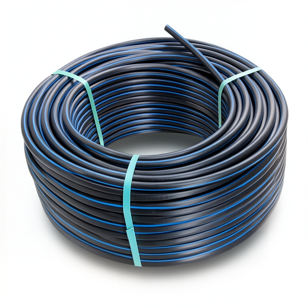 لفة أنابيب HDPE ضغط 6.3 بار PE 100 قطر خارجي 50 مم SDR 26 أسود مع خط أزرق