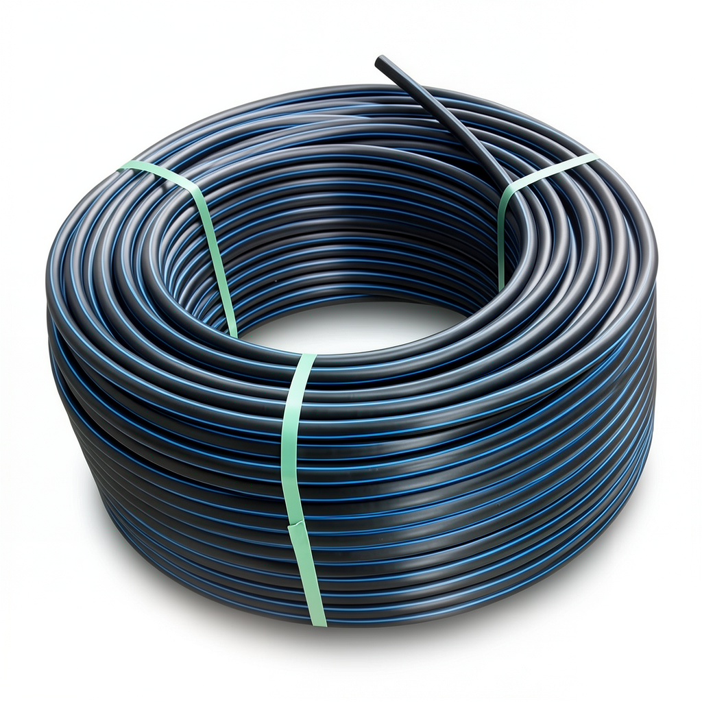 HDPE Polyethylene Coil Pipe PN 6.3 Bar PE 100, 63 mm OD, SDR 26, Black with Blue Stripes