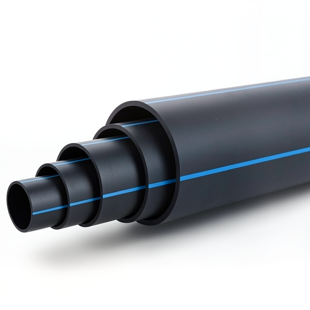 HDPE Polyethylene Pipe Nominal Pressure 12.5 Bar PE 100 OD 250 mm SDR 13.6 Black with Blue Stripes
