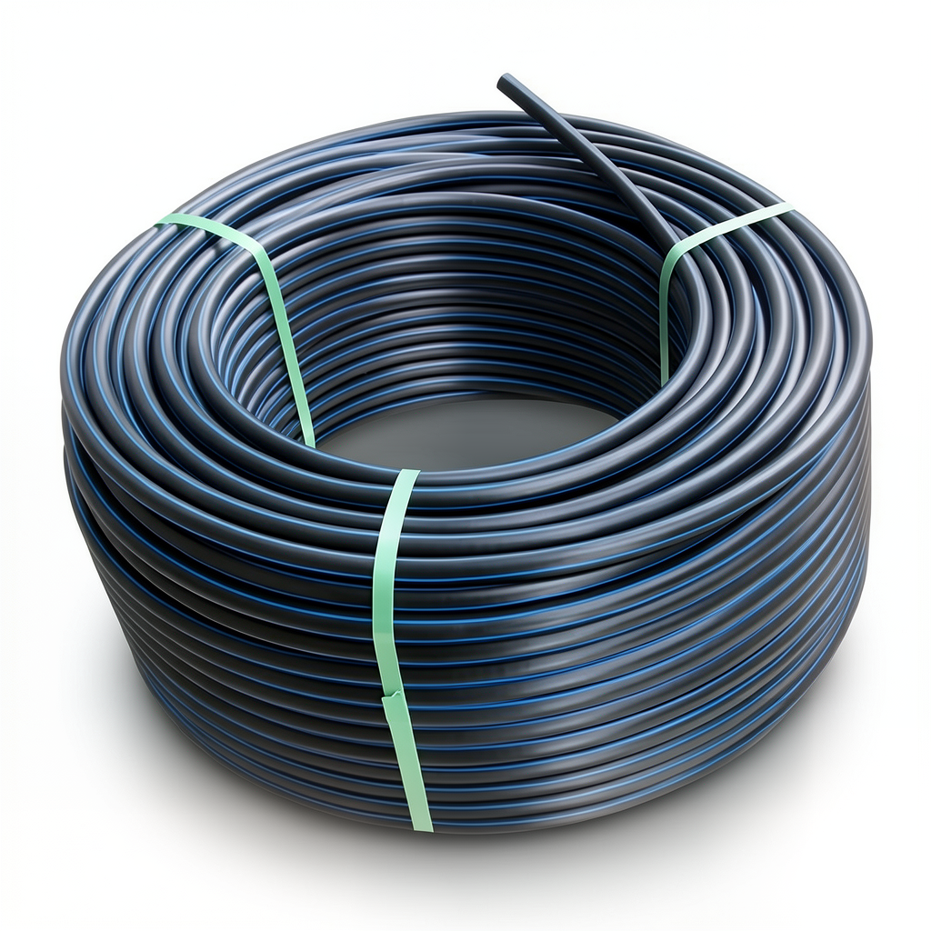 لفة أنابيب بلاستيك HDPE ضغط 6.3 بار PE 100 قطر خارجي 75 مم SDR 26 لون أسود مع خط أزرق