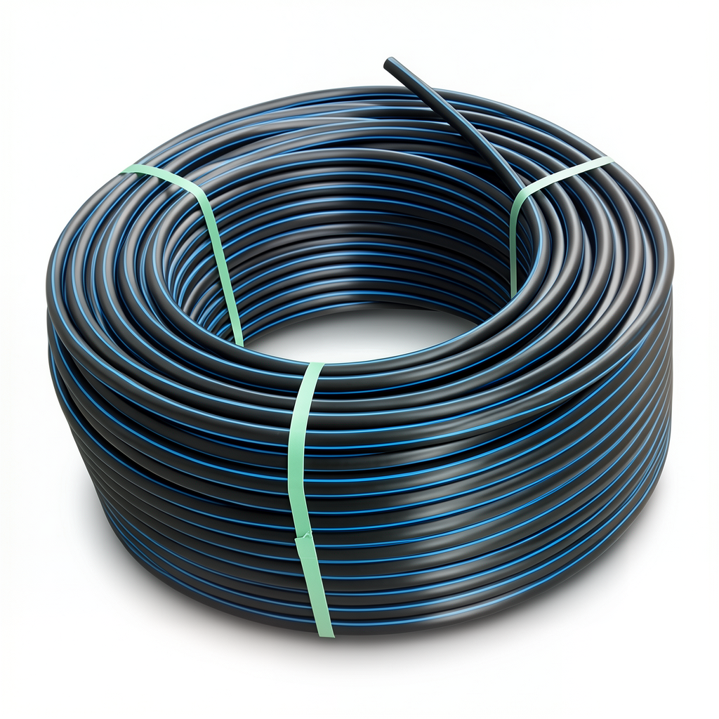 HDPE Polyethylene Plastic Coil Pipe Pressure 6.3 Bar PE 100 Size 90 mm SDR 26 Black Blue Stripes