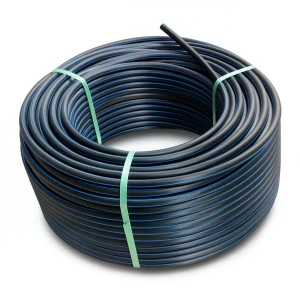 HDPE Plastic Coil Pipe PN 6.3 Bar PE 100, 140 mm Diameter SDR 26 Black with Blue Stripes