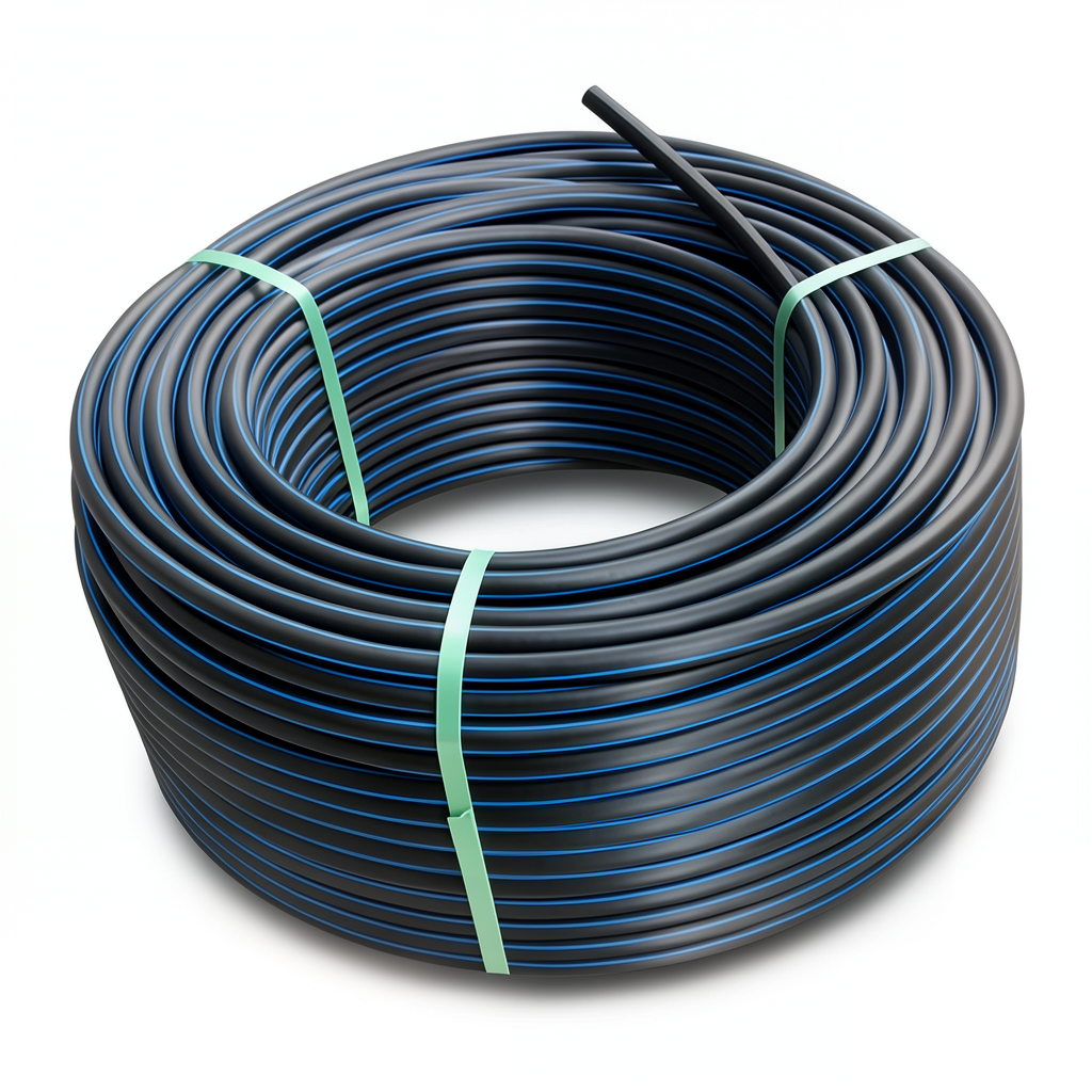 HDPE Plastic Coil Pipe PN 6.3 Bar PE 100, 140 mm Diameter SDR 26 Black with Blue Stripes