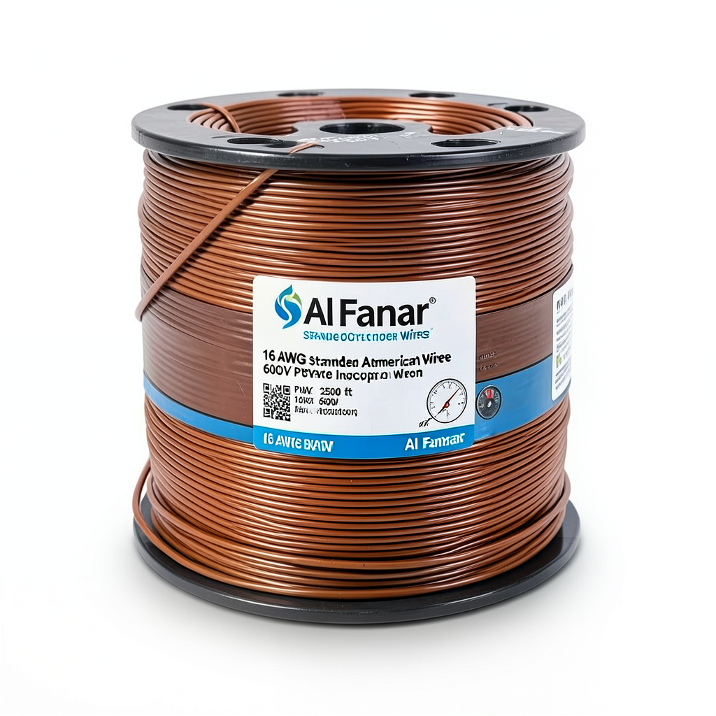 لفة سلك امريكي 16 AWG نحاس مجدول عزل PVC بني، 600 فولت، طول 2500 قدم | شركة الفنار