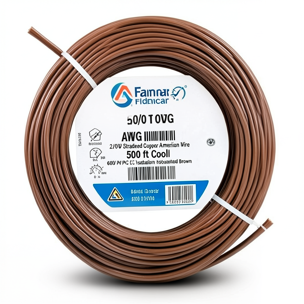 لفة سلك امريكي 2/0 AWG نحاس مجدول عزل PVC بني 600 فولت طول 500 قدم | شركة الفنار