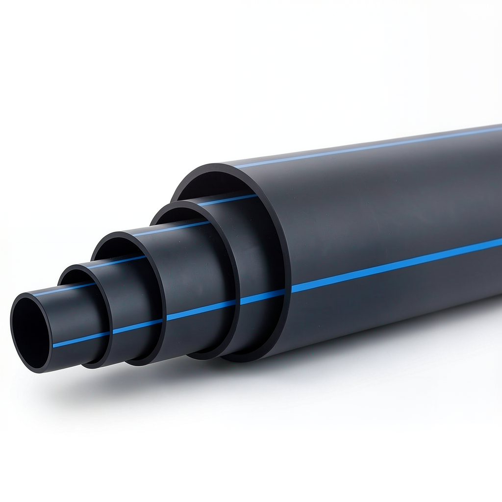 أنابيب HDPE ضغط 16 بار PE 100 قطر خارجي 225 مم SDR 11 لون أسود مع خط أزرق