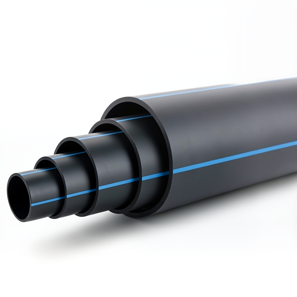 HDPE Plastic Pipe Pressure 6.3 Bar PE 100 Size OD 355 mm SDR 26 Black with Blue Stripes