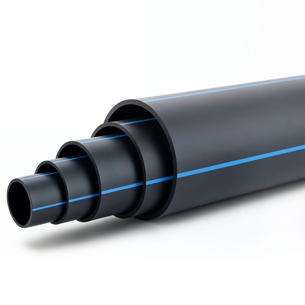 HDPE Polyethylene Pipe Nominal Pressure 16 Bar PE 100 Outside Diameter 200 mm SDR 11 Black with Blue Stripes