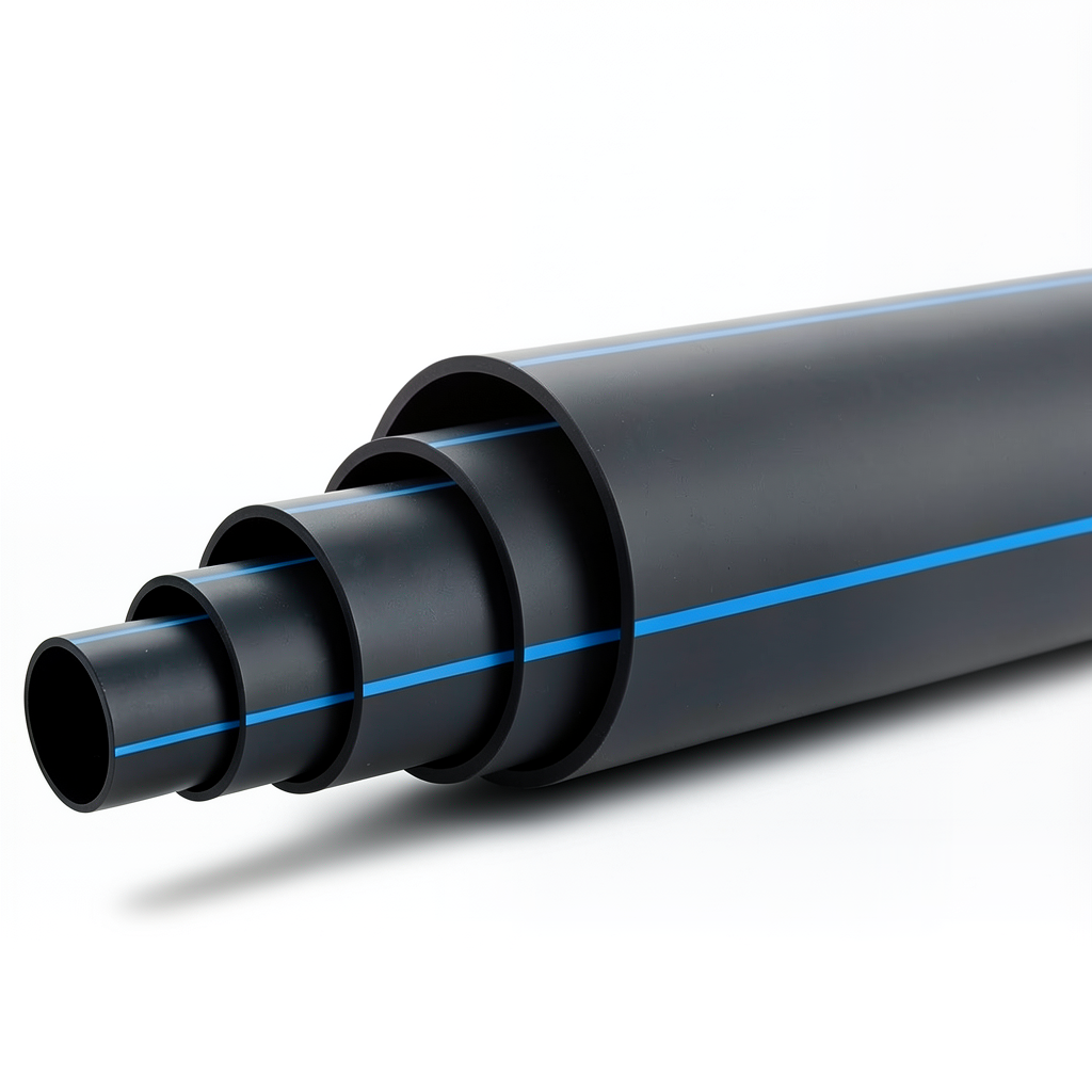 مواسير HDPE ضغط 6.3 بار PE 100 قطر خارجي 180 مم SDR 26 أسود مع خط أزرق