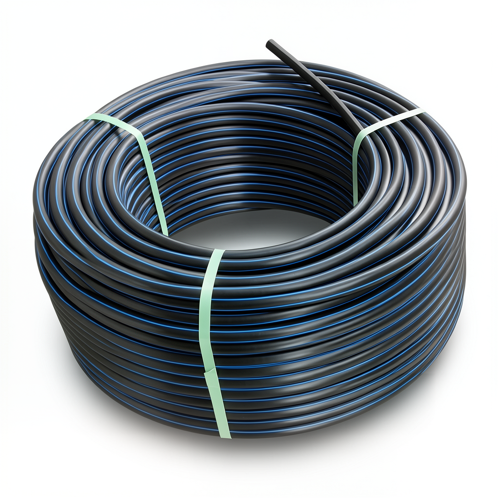 لفة أنابيب بلاستيك HDPE ضغط 16 بار PE 80، قطر خارجي 160 مم SDR 9، أسود مع خطوط زرقاء