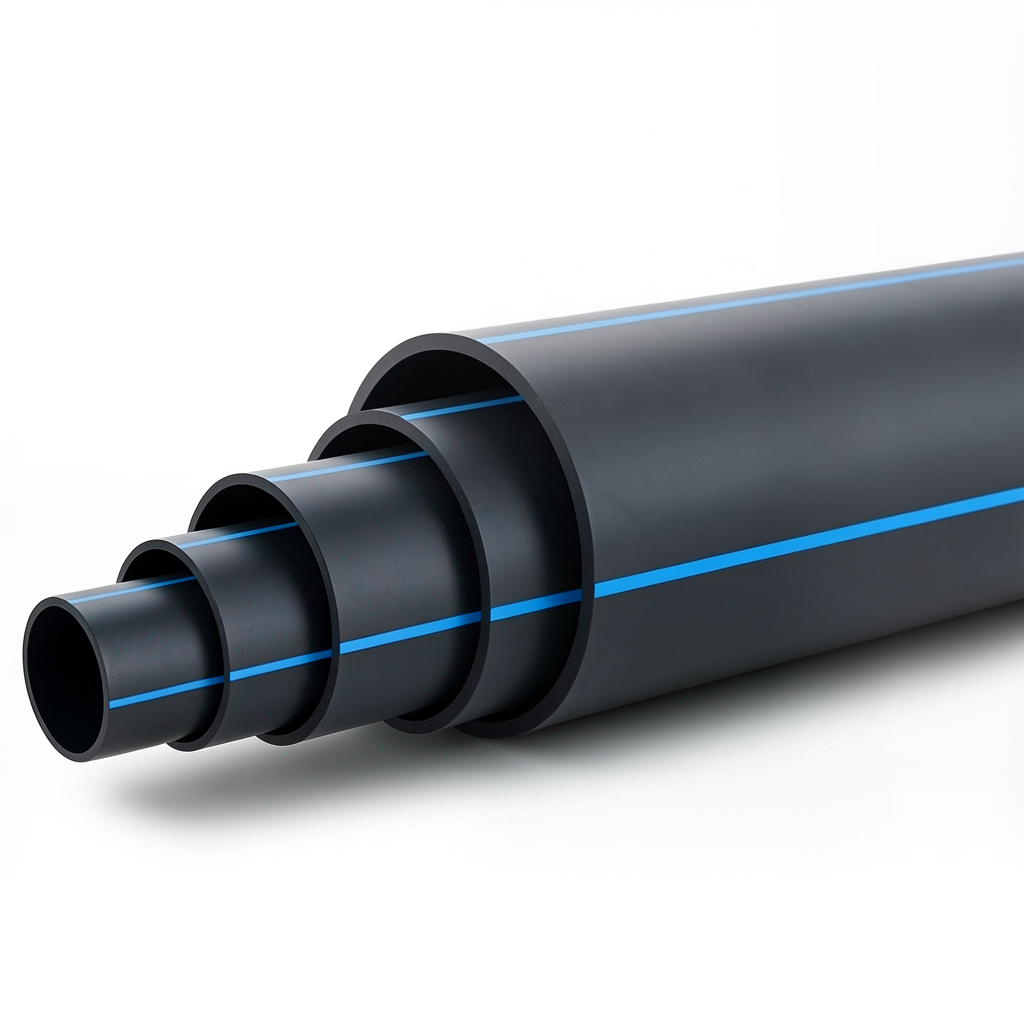 مواسير بلاستيك HDPE ضغط 6.3 بار PE 100، قطر خارجي 560 مم SDR 26 أسود مع خط أزرق