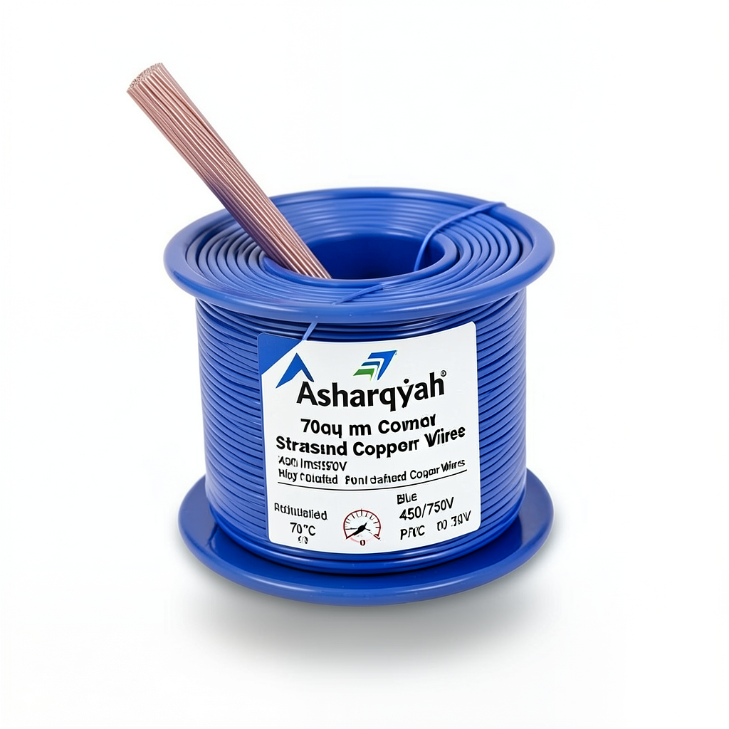 لفة سلك مجدول نحاس 70 مل، 450/750 فولت، عازل PVC 70°C، لون أزرق | شركة كابلات الشرقية للصناعة