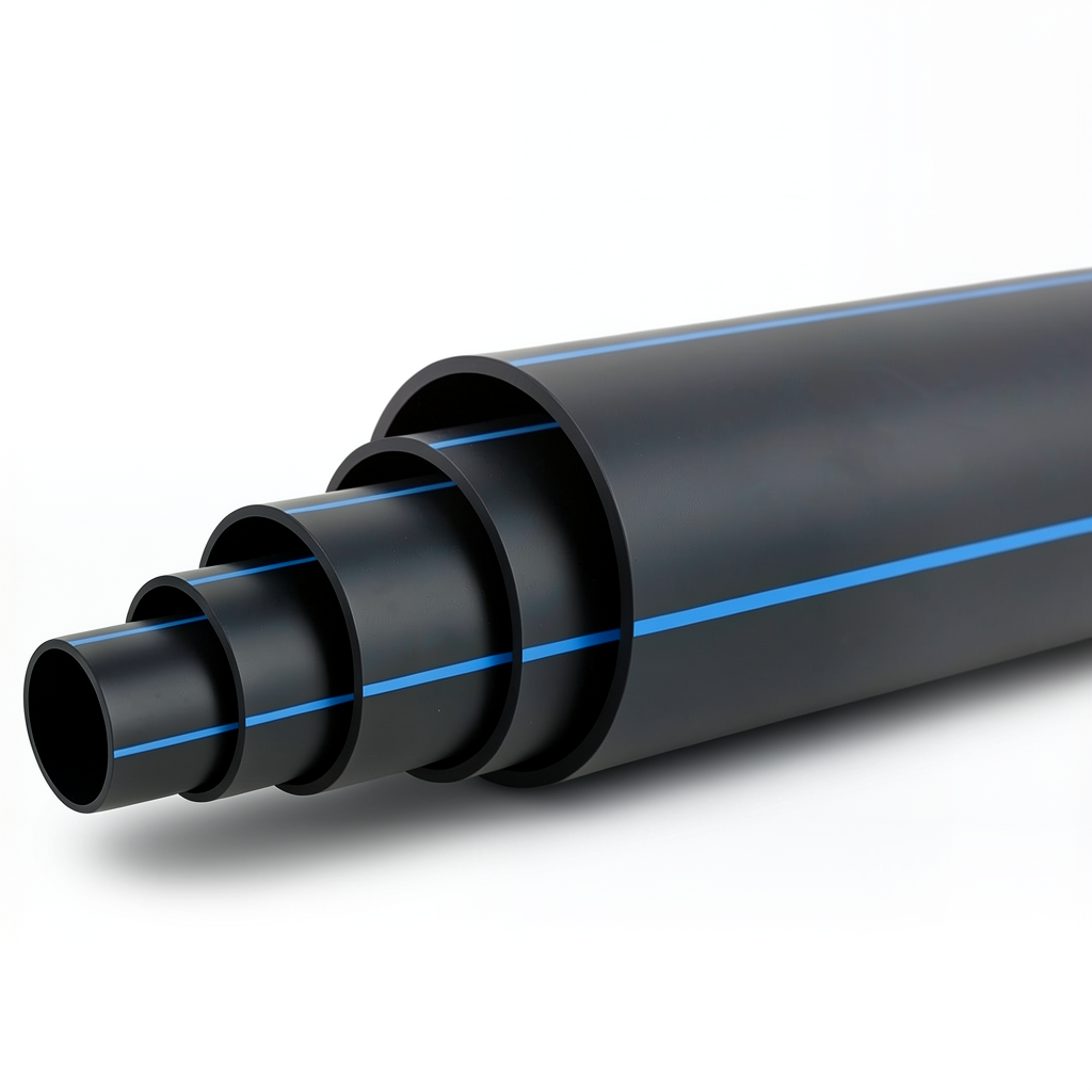 مواسير HDPE ضغط 20 بار PE 100 قطر خارجي 200 مم SDR 9 لون اسود مع خط ازرق