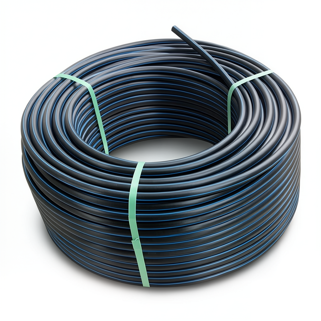 لفة أنابيب HDPE ضغط 16 بار PE 100 قطر خارجي 20 مم SDR 11 لون أسود مع خط أزرق