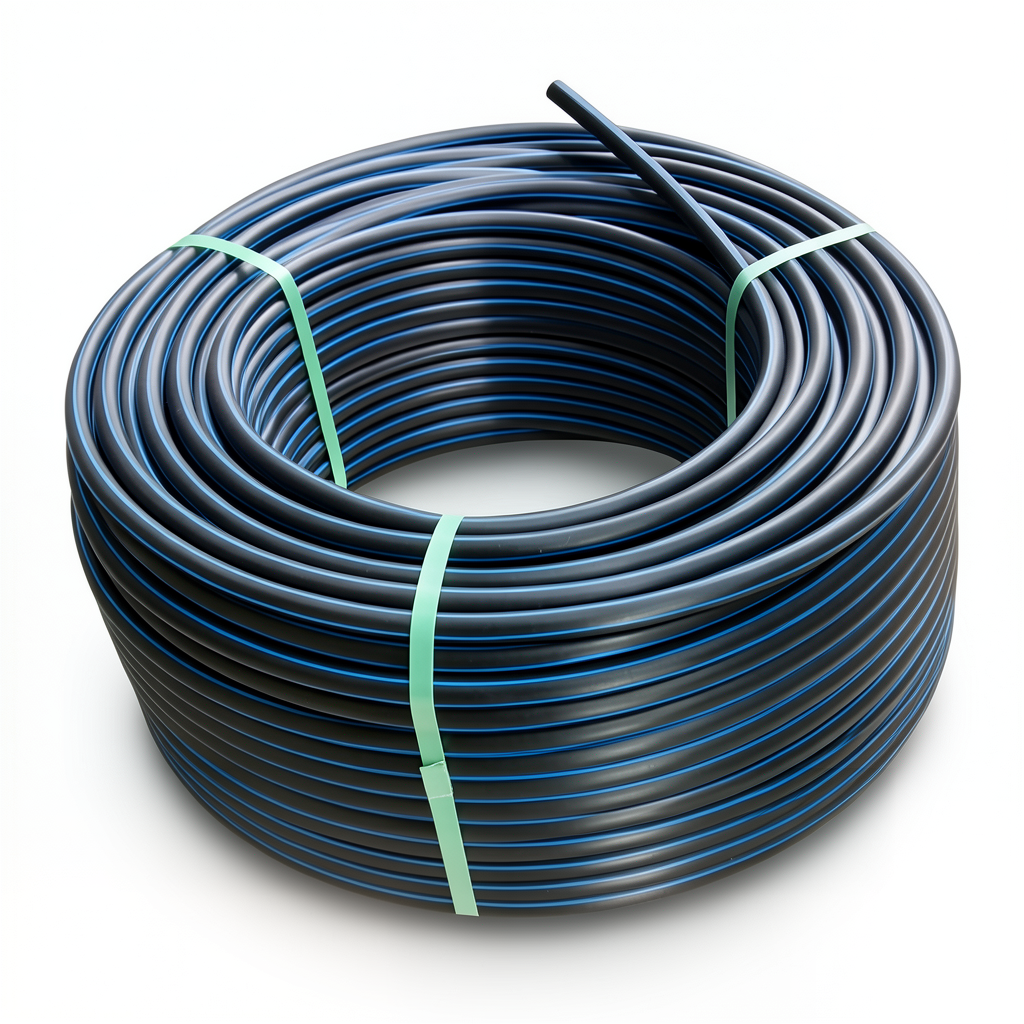 HDPE Plastic Coil Pipe Nominal Pressure 16 Bar PE 100 OD 50 mm SDR 11 Black with Blue Stripes